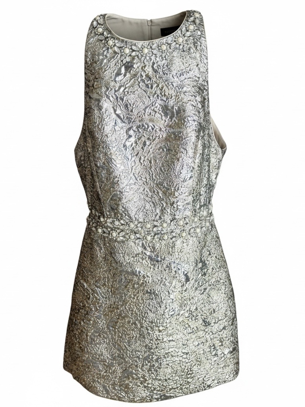 Alice + Olivia Metallic Silver Jewel-Trim Mini Dress